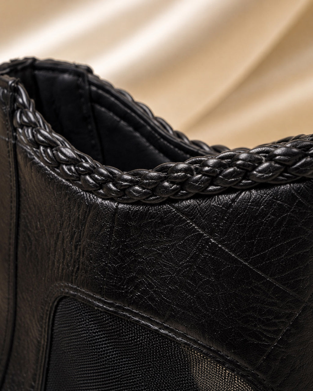 Black Mesh Bow Ankle Boots - braided trim detail