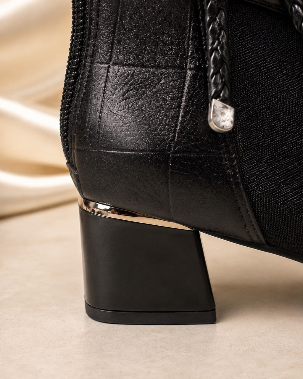 Black Mesh Bow Ankle Boots - block heel detail