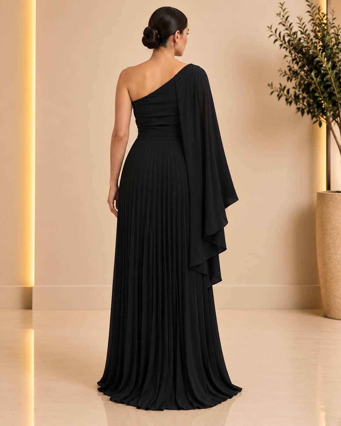 Black one-shoulder pleated dress back