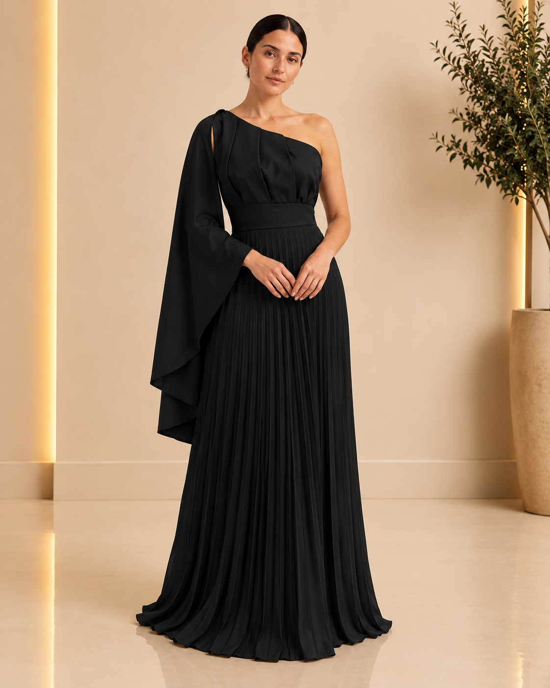 Black one-shoulder pleated dress front