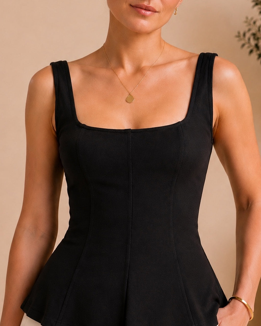 Black peplum top square neckline detail