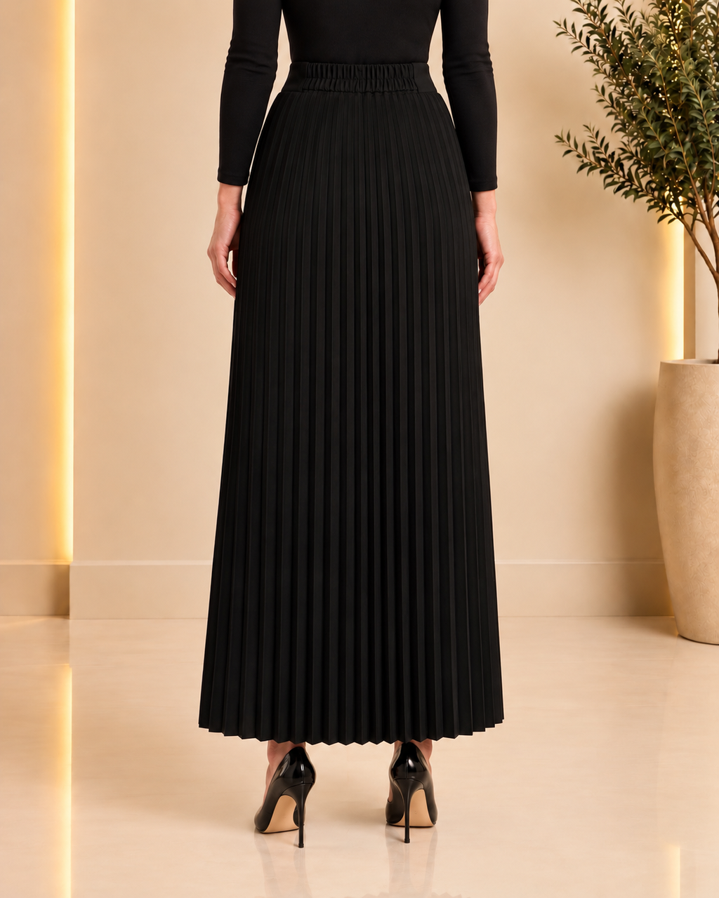 Black pleated maxi skirt back view