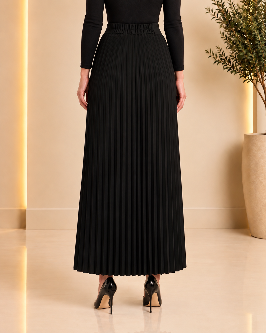 Black pleated maxi skirt back view