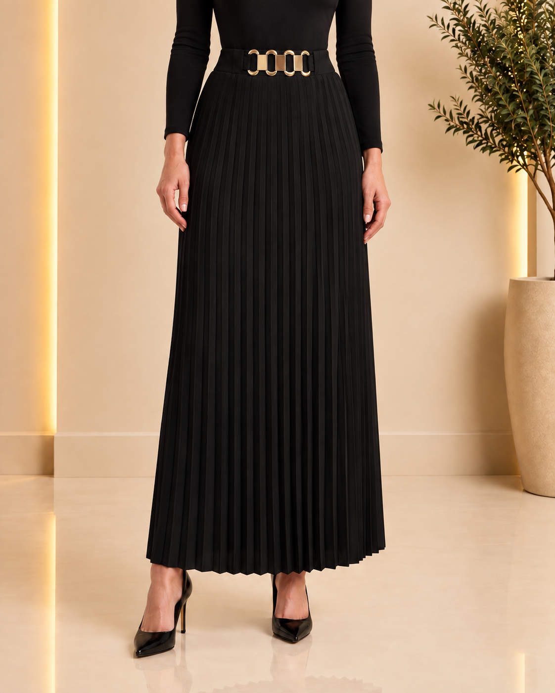 Black pleated maxi skirt front view