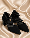 Black pointed-toe strap block heels
