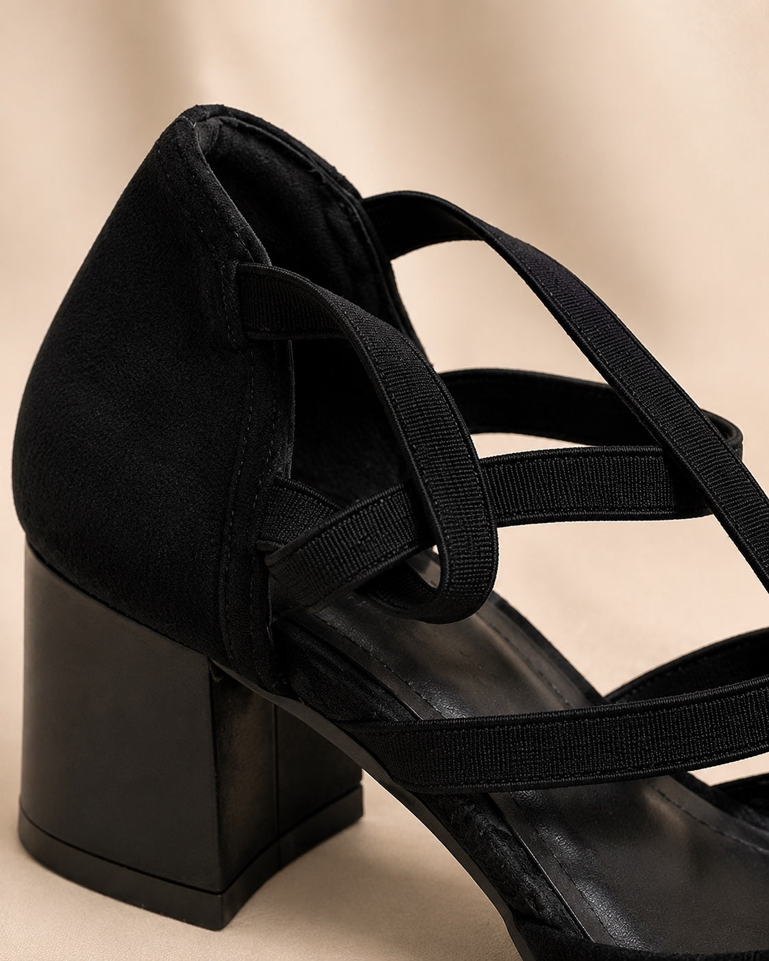 Black block heel and strap side detail