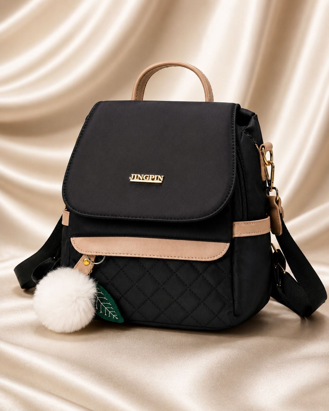 JINGPIN Black & Beige Quilted Mini Backpack