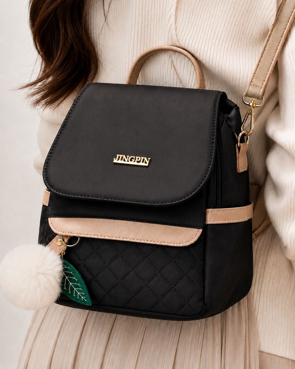 JINGPIN Black & Beige Quilted Mini Backpack
