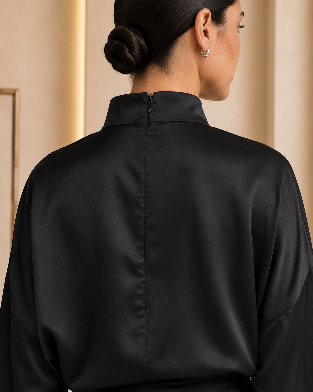 Black Satin Elegance Set - back neckline, zipper and center seam detail