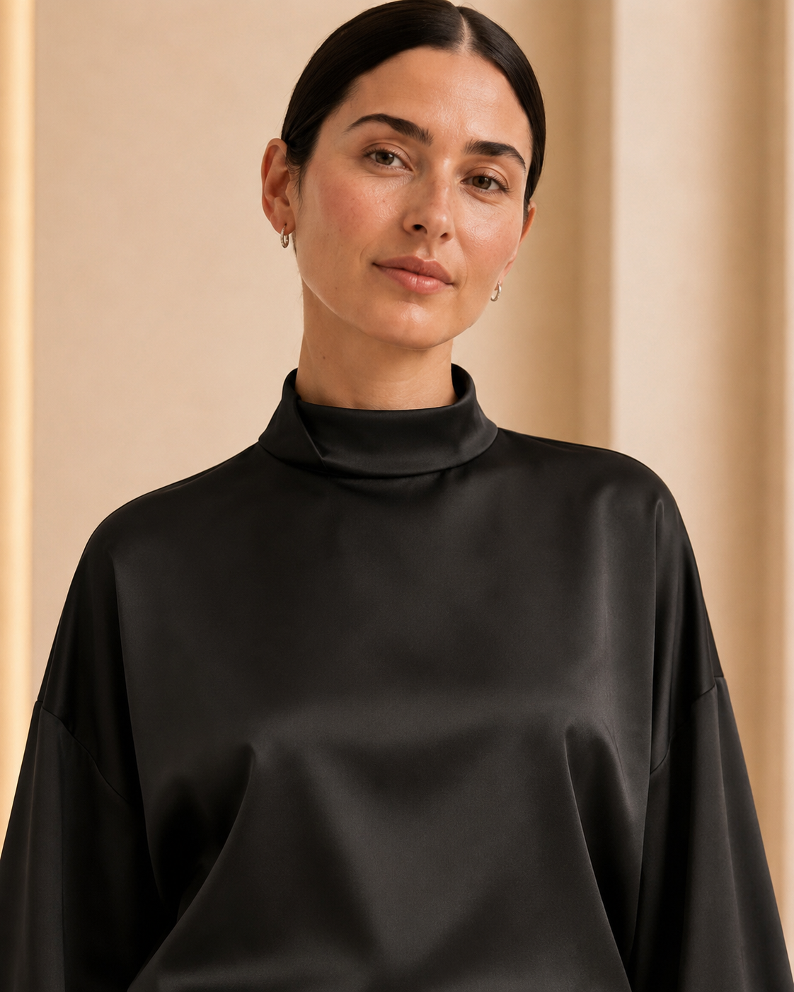 Black Satin Elegance Set - high collar and neckline detail
