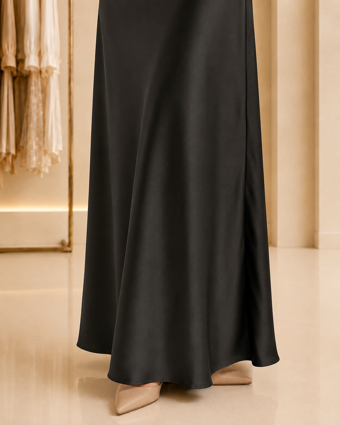 Black Satin Elegance Set - skirt hem and satin drape detail