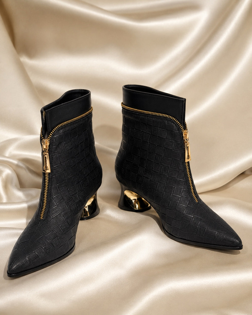 Black Textured Gold-Zip Ankle Boots image 1