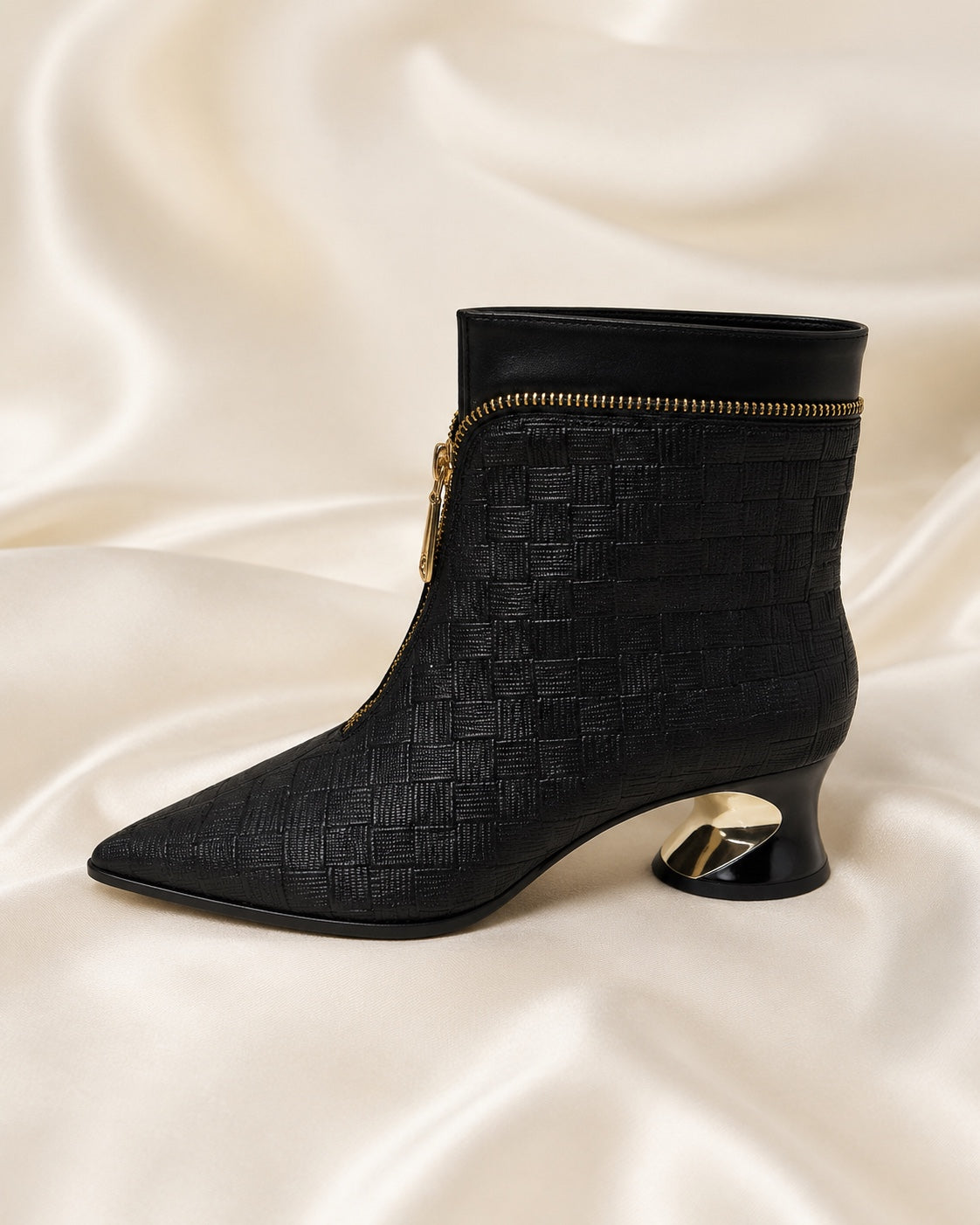 Black Textured Gold-Zip Ankle Boots image 2