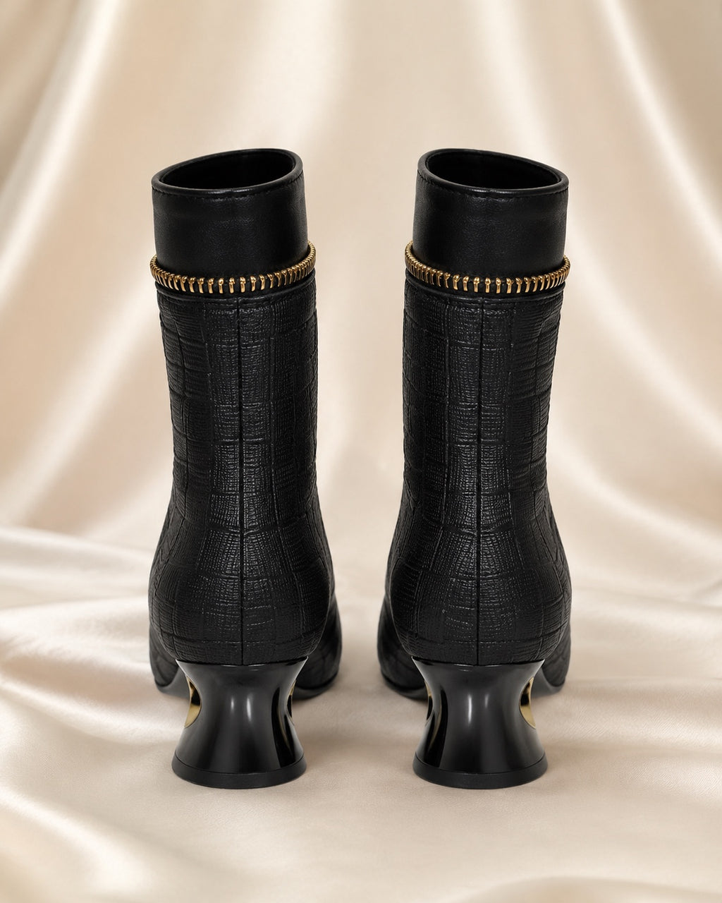 Black Textured Gold-Zip Ankle Boots image 9