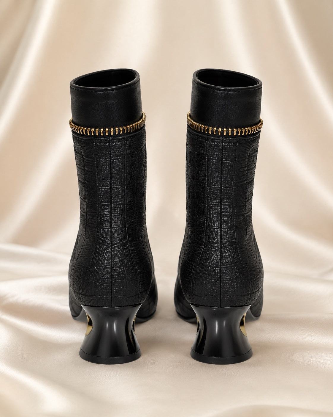 Black Textured Gold-Zip Ankle Boots image 9