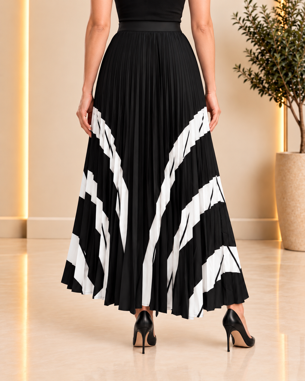 Monochrome Pleated Maxi Skirt back view