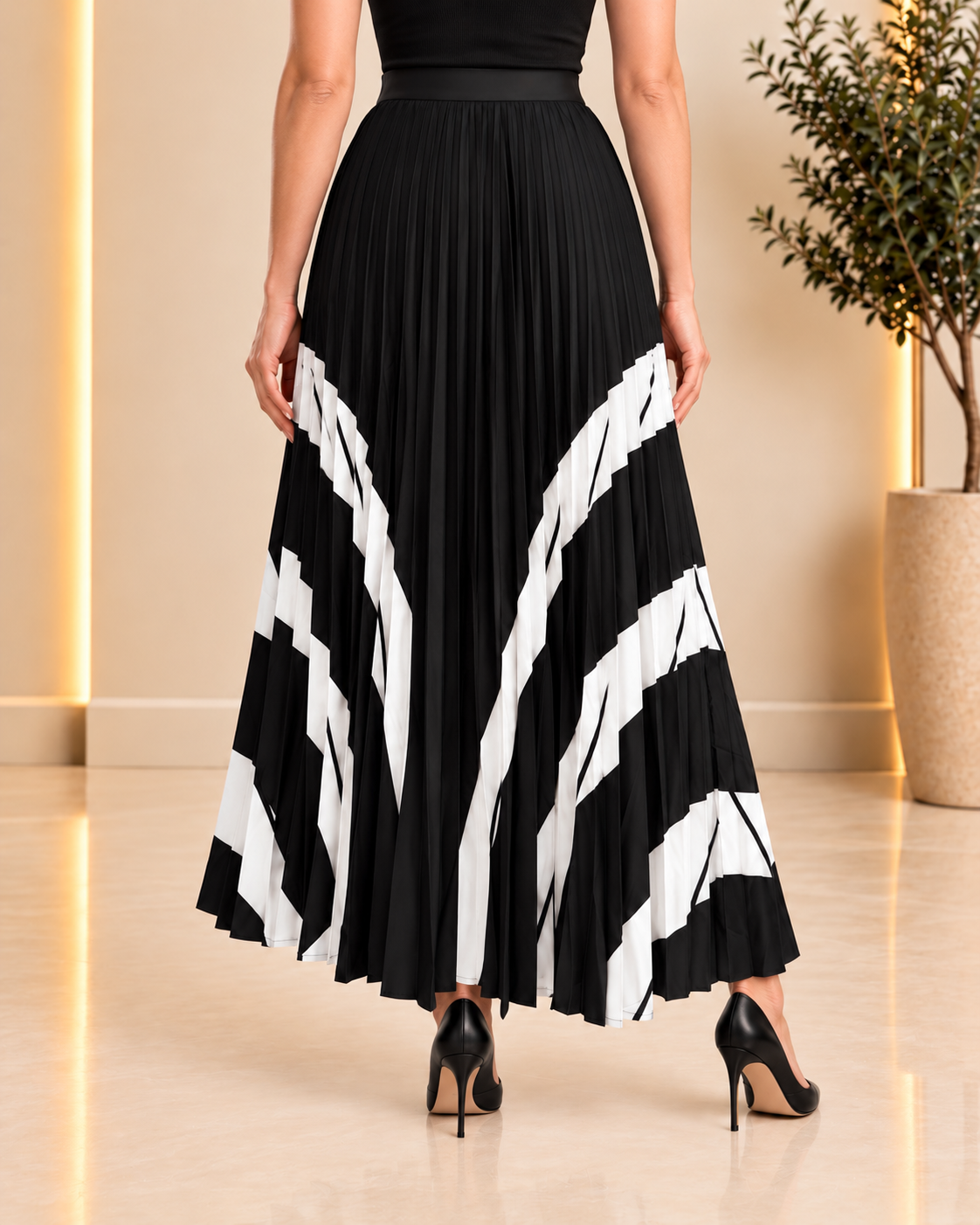 Monochrome Pleated Maxi Skirt back view
