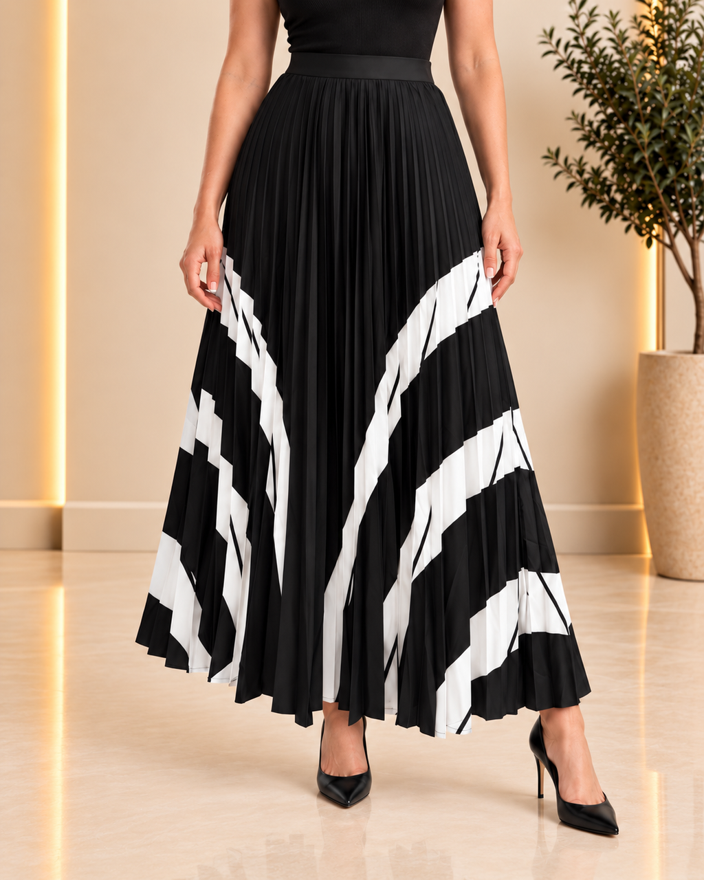 Monochrome Pleated Maxi Skirt front view