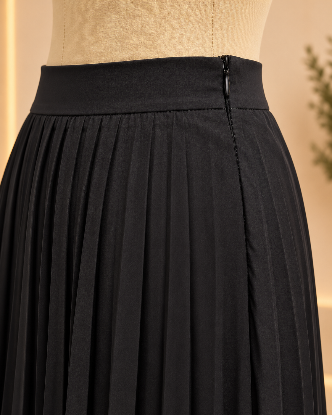 Monochrome Pleated Maxi Skirt side zipper detail