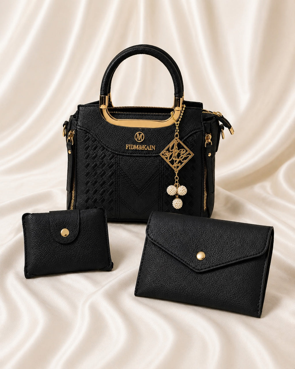 Black Woven Handbag Set