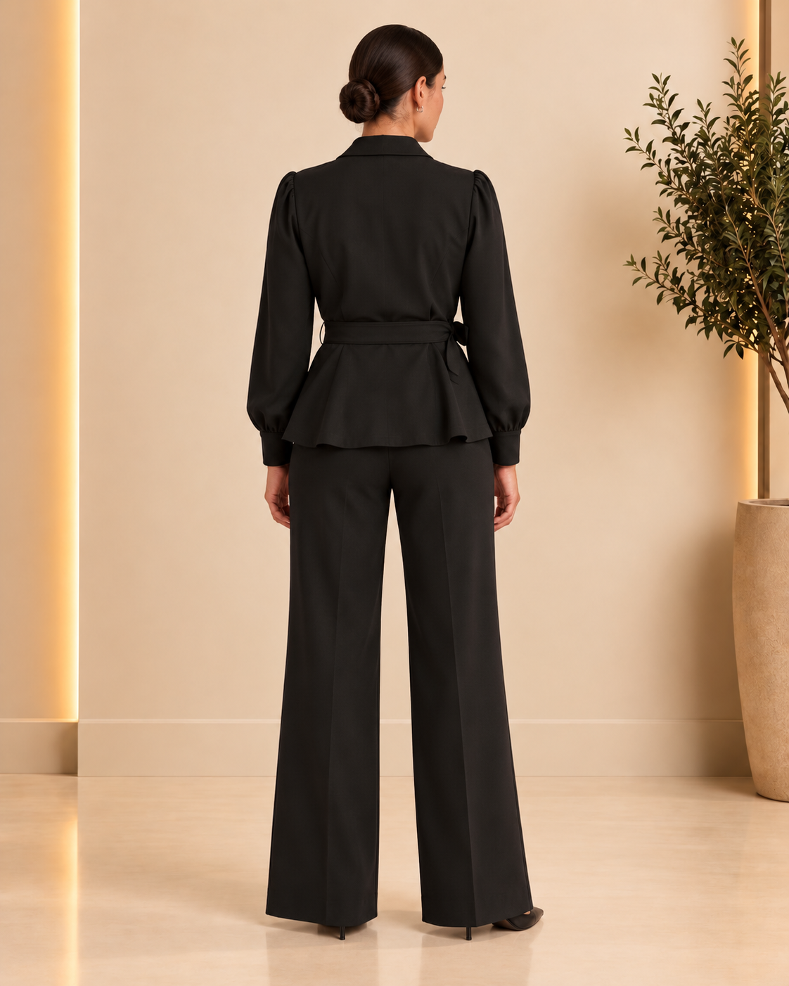 Black wrap peplum set back view