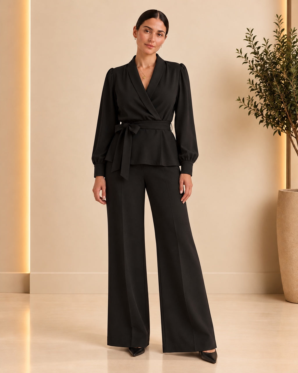 Black wrap peplum set front view