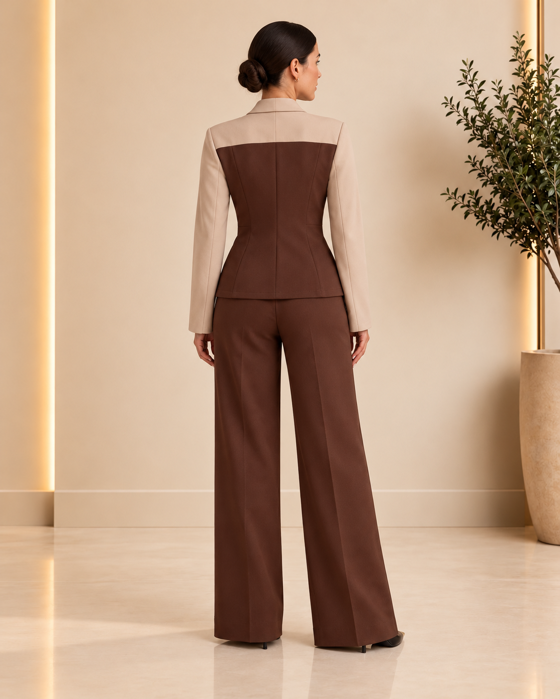 Back view - Chocolate Brown & Beige Asymmetric Tailored Set
