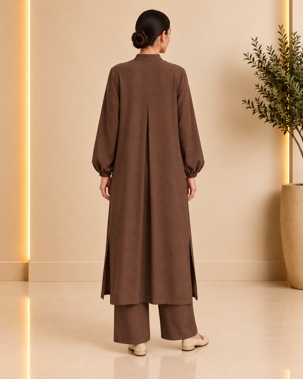 Cocoa Brown Textured Long Tunic Set – back