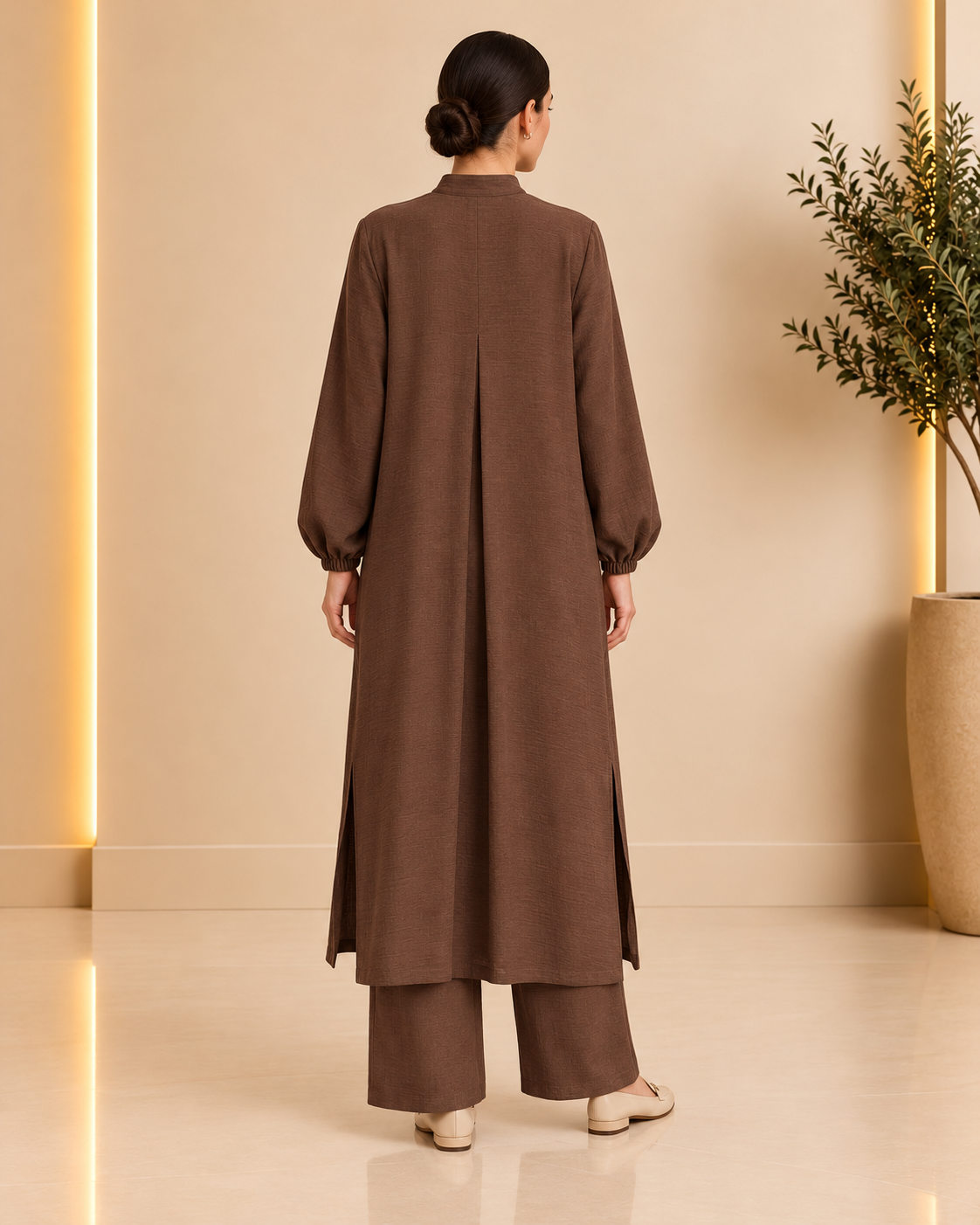 Cocoa Brown Textured Long Tunic Set – back
