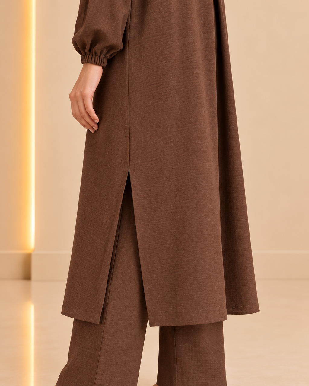 Cocoa Brown Textured Long Tunic Set – side slit