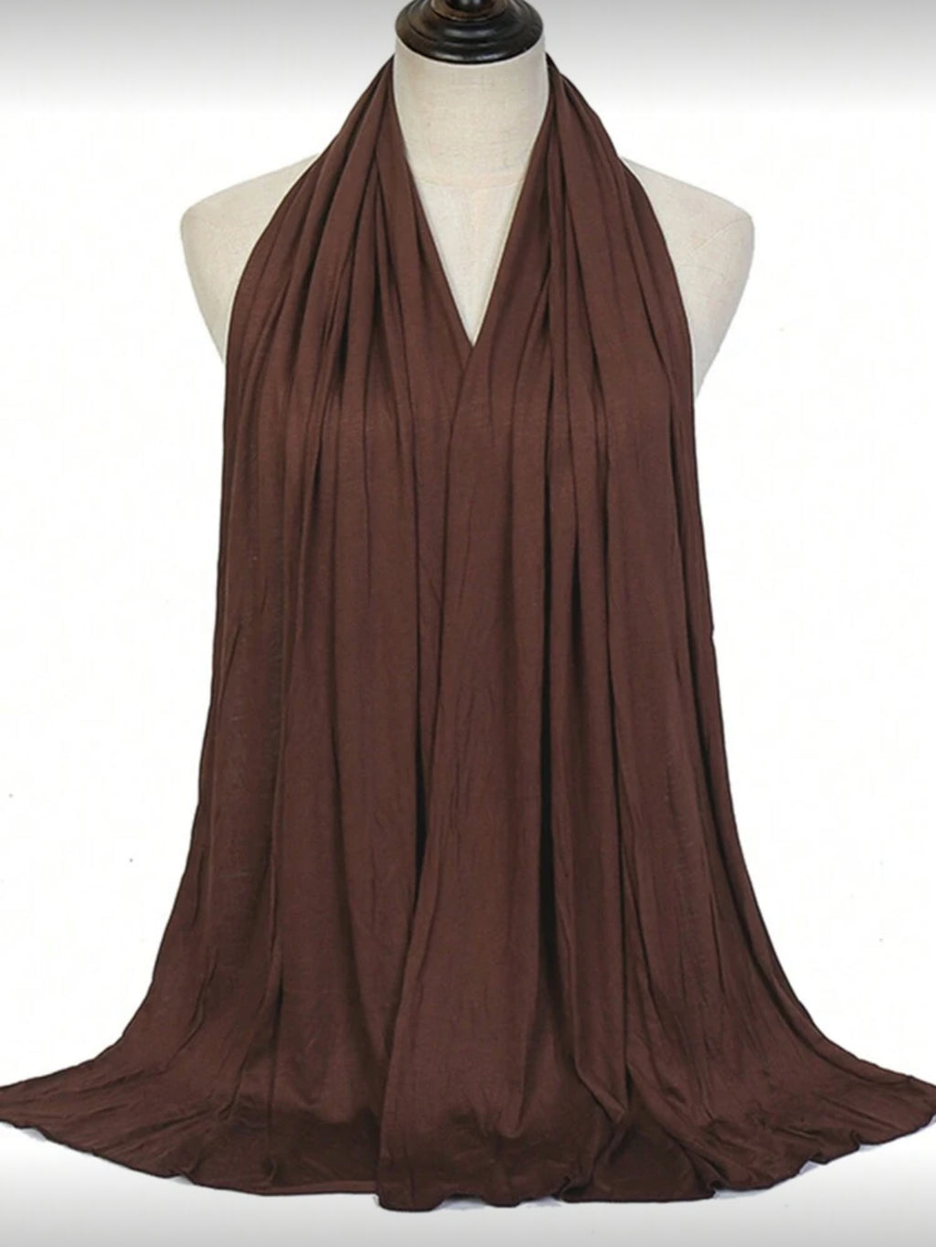 Chocolate Brown Jersey Hijab Scarf on mannequin