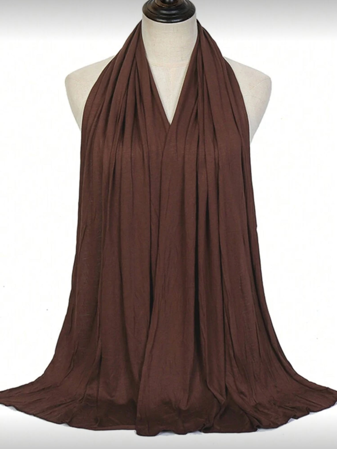Chocolate Brown Jersey Hijab Scarf on mannequin