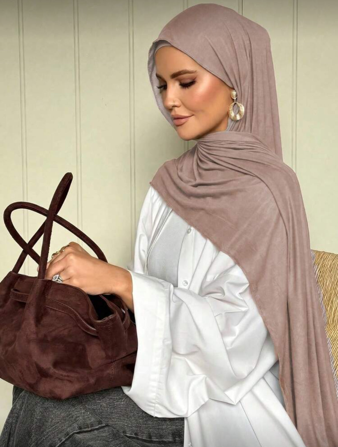 Taupe Jersey Hijab Scarf styled on model