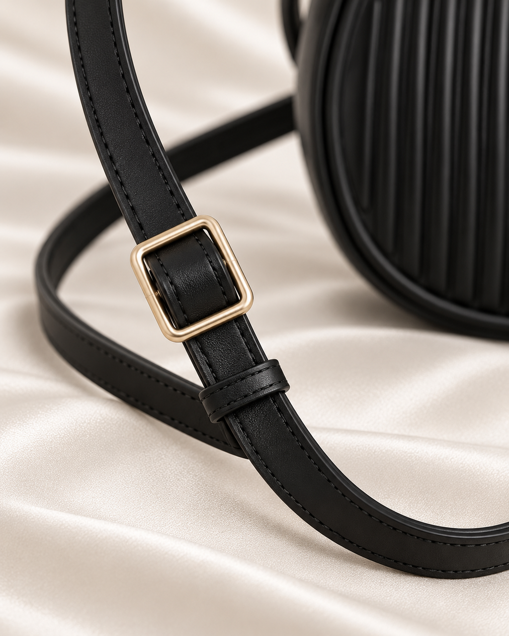 Adjustable black crossbody strap detail