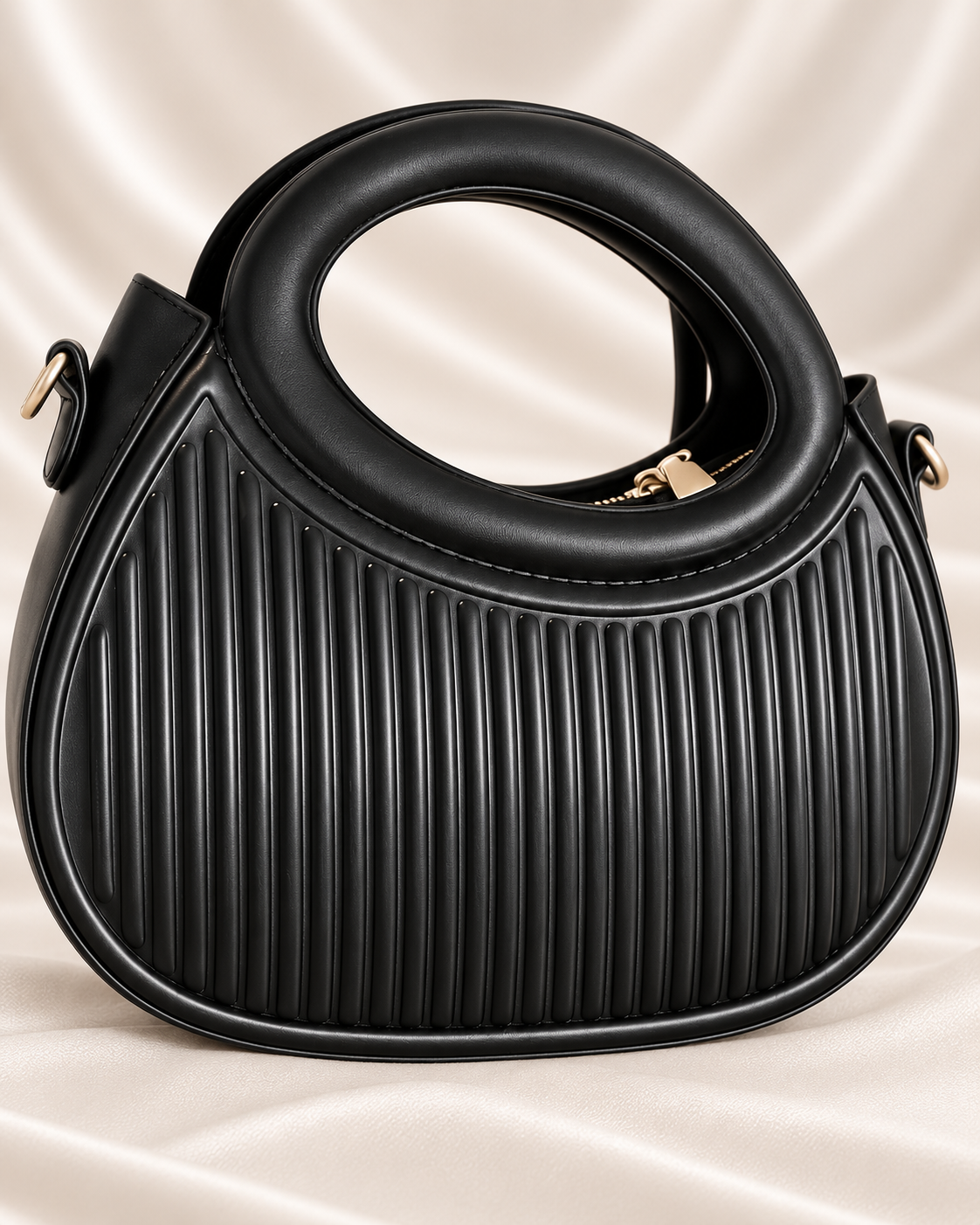 Ribbed black handbag front panel detail