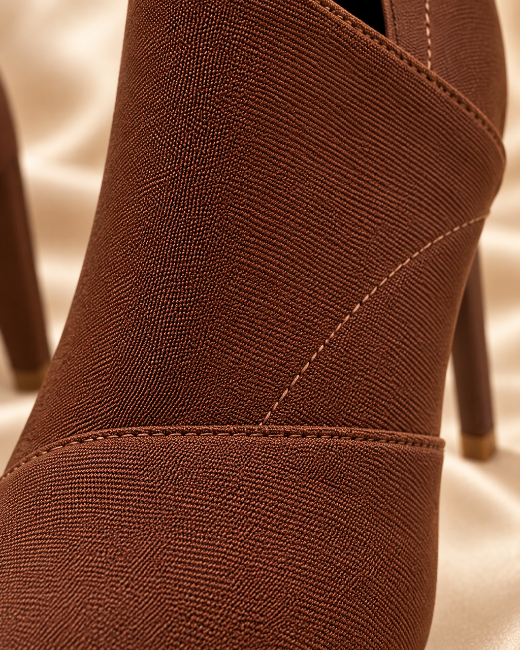 Brown ankle boot woven fabric close-up