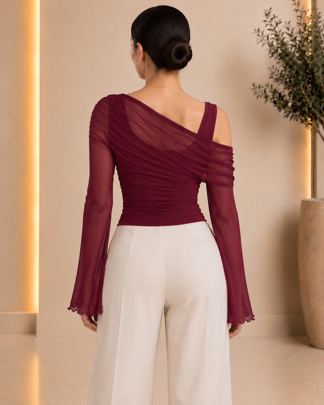 Burgundy asymmetric ruched mesh top back view