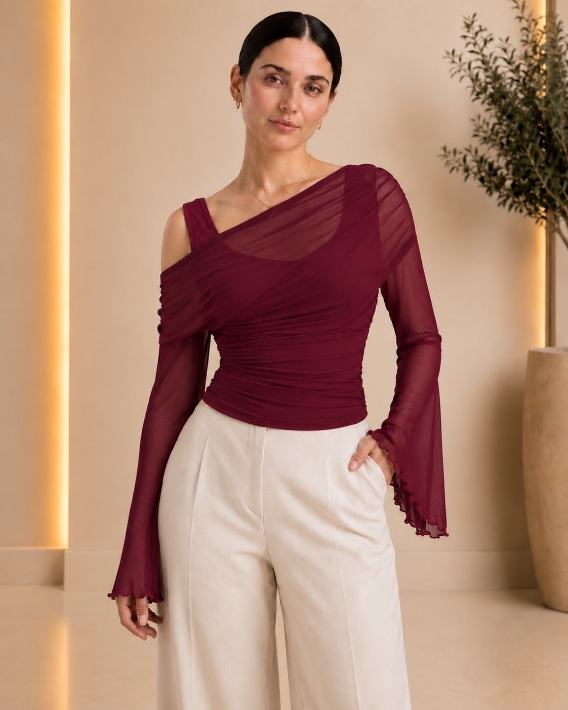 Burgundy asymmetric ruched mesh top front view
