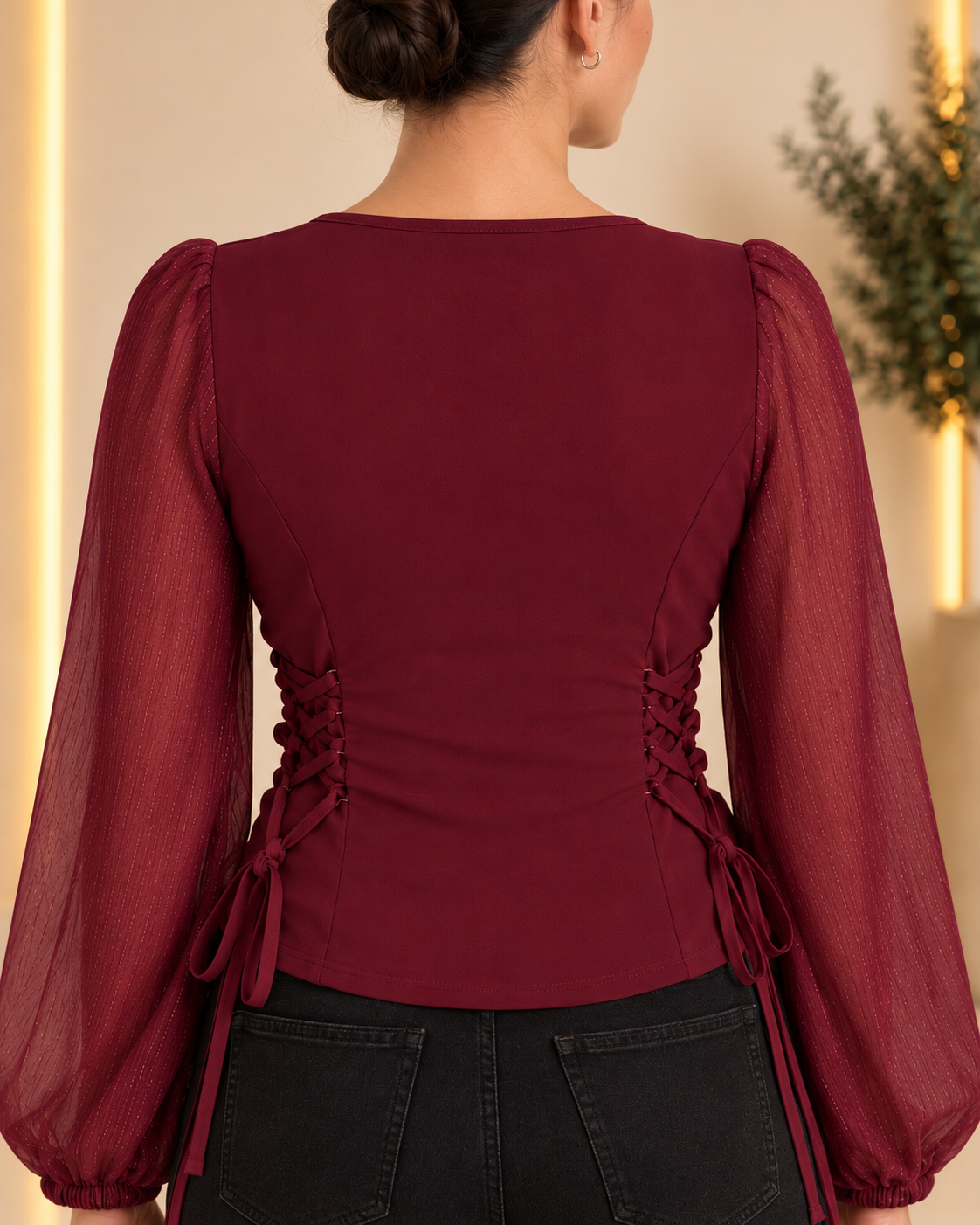 Burgundy blouse back and side lacing detail
