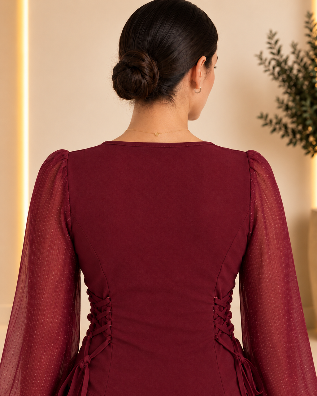 Burgundy blouse back neckline and seam detail