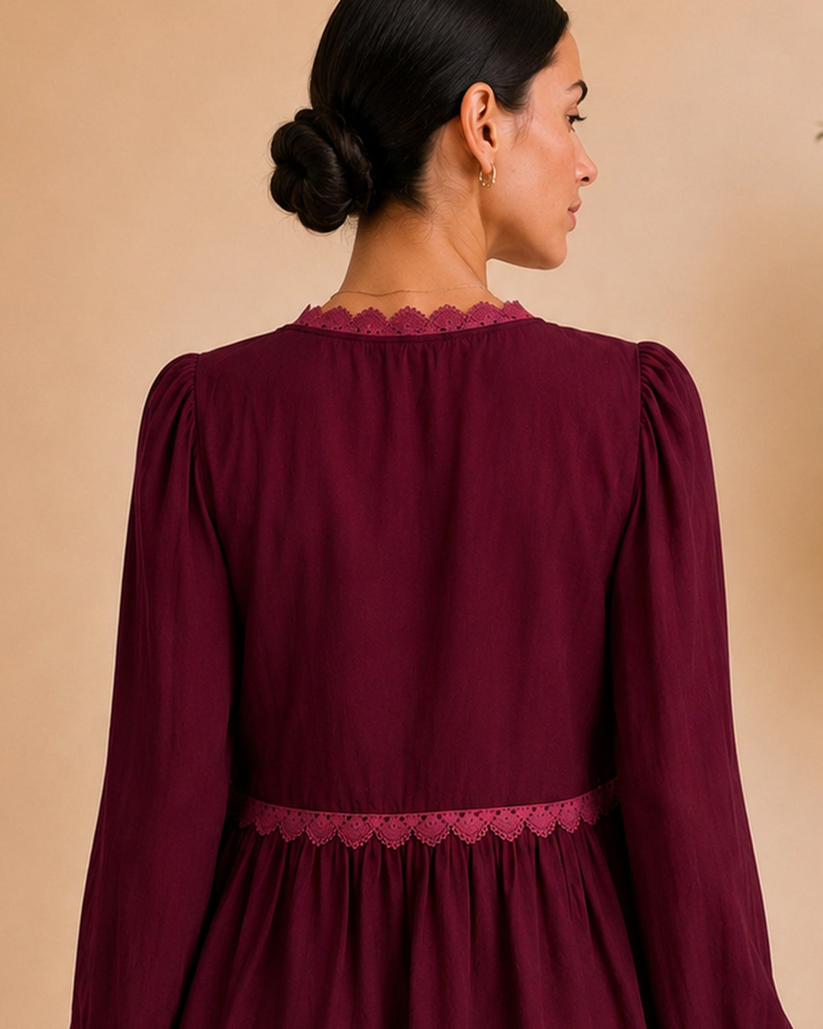 Burgundy blouse back neckline and lace detail