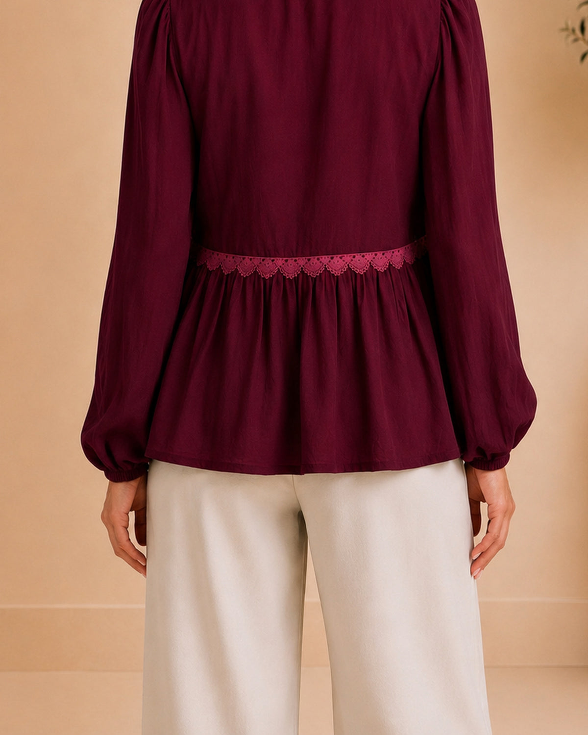 Burgundy blouse back waist lace and gathers detail