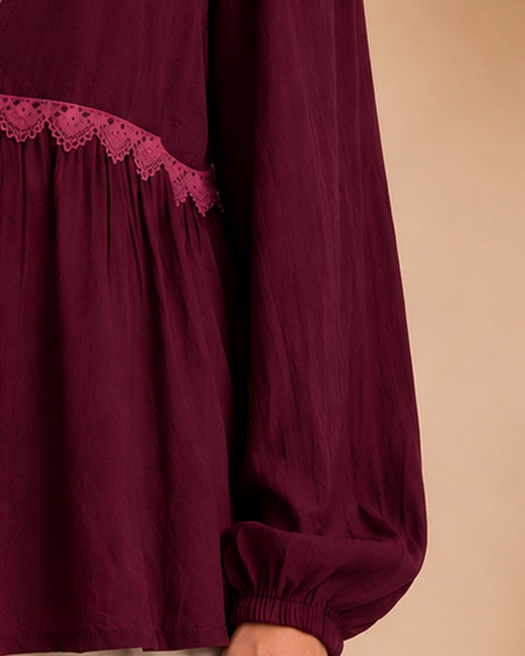 Burgundy blouse elastic cuff detail