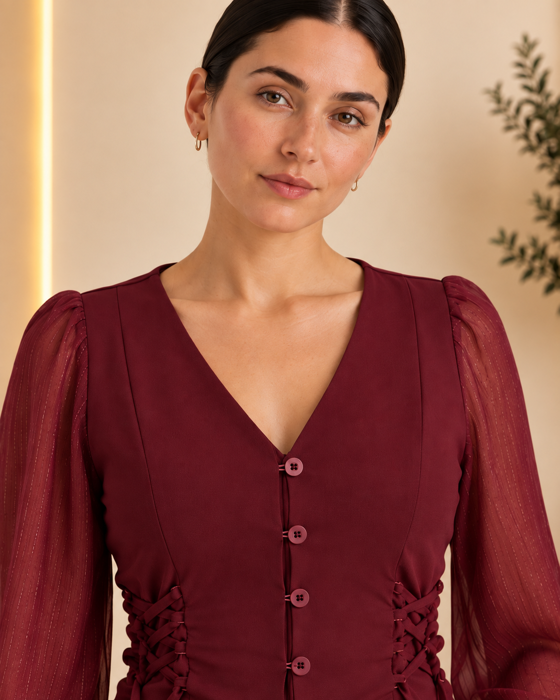 Burgundy blouse V-neckline and upper bodice detail