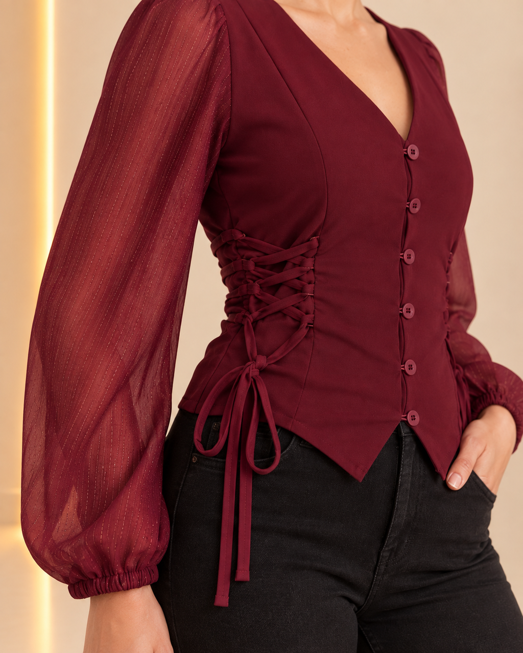 Burgundy blouse side lace-up corset detail