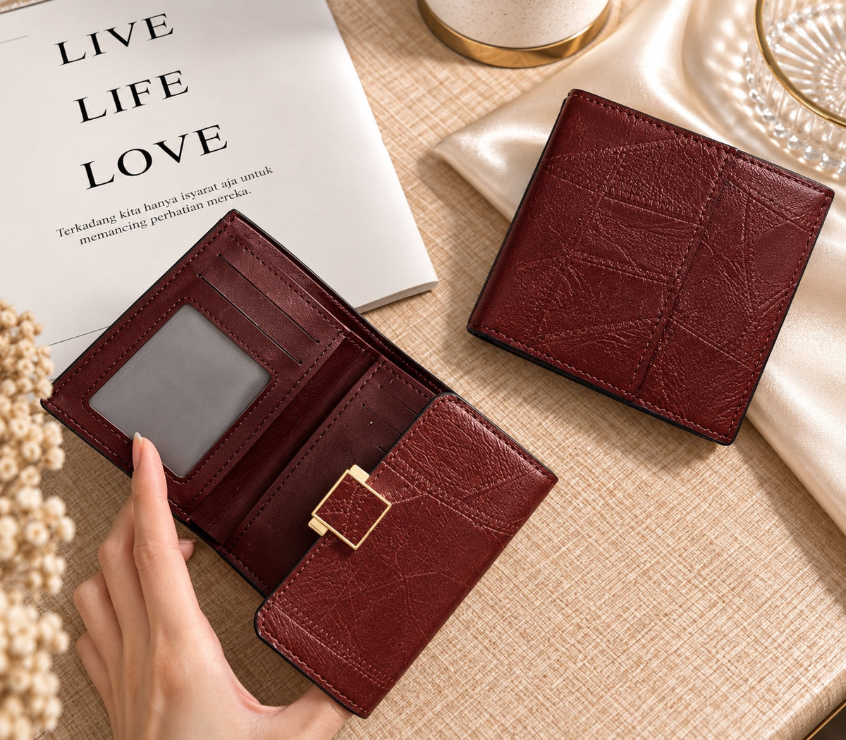 Burgundy buckle compact wallet interior