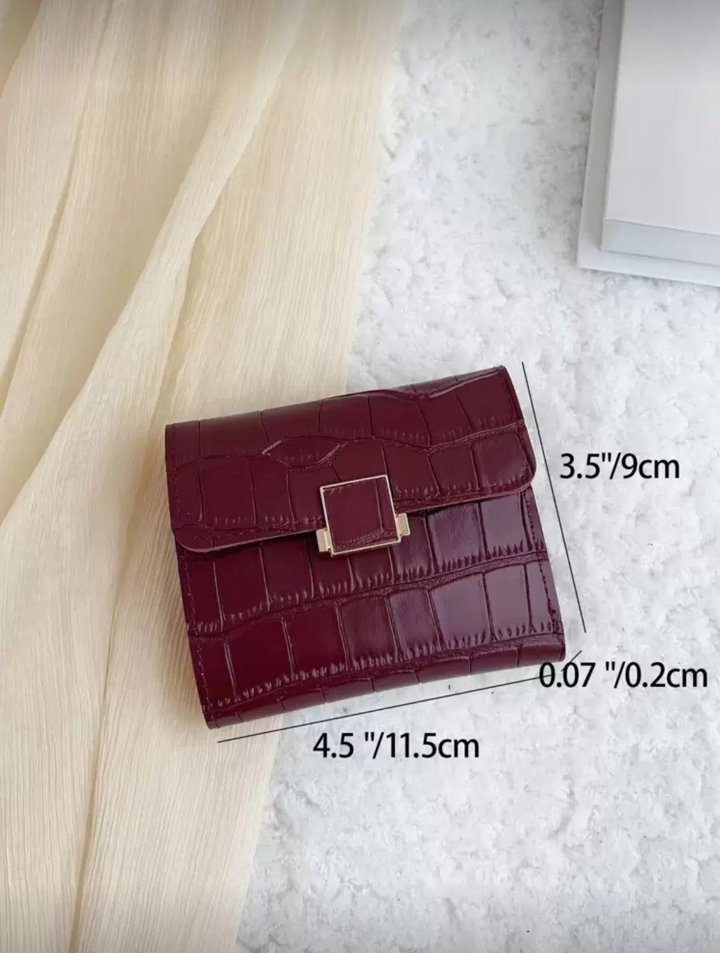 Burgundy crocodile texture compact wallet dimensions 11.5 by 9 by 0.2 cm