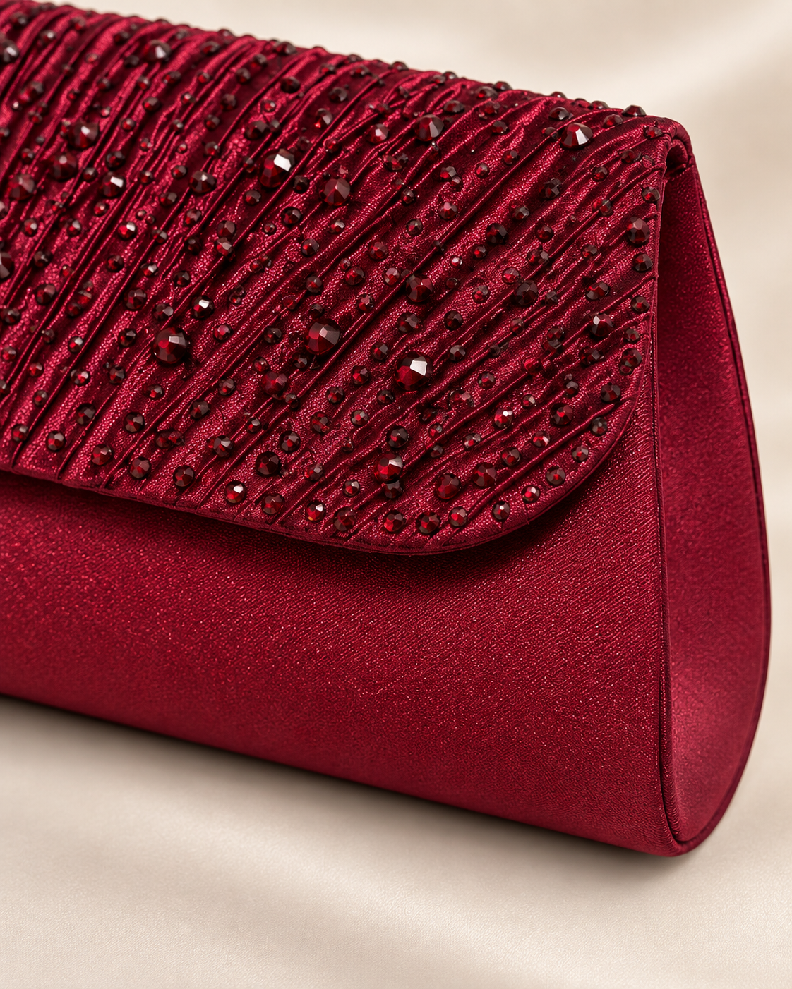 Close-up of burgundy beaded satin flap