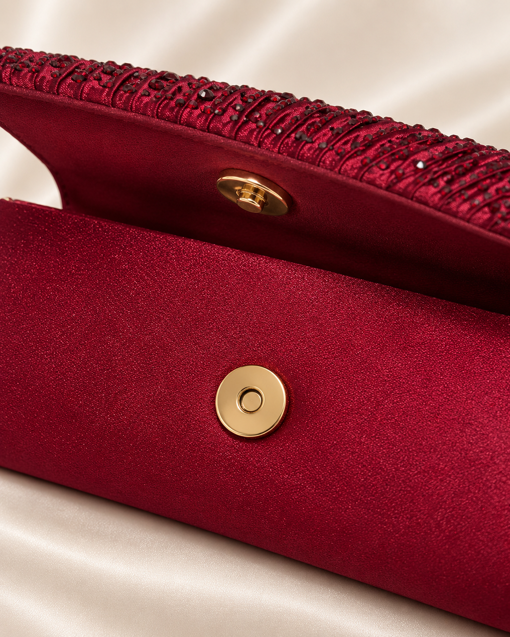 Magnetic closure detail on burgundy evening bag