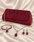 Burgundy embellished evening bag with matching jewelry set